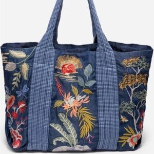 NWT Johnny Was Shopper Tote fully Embroidered denim Blue Tote Bag